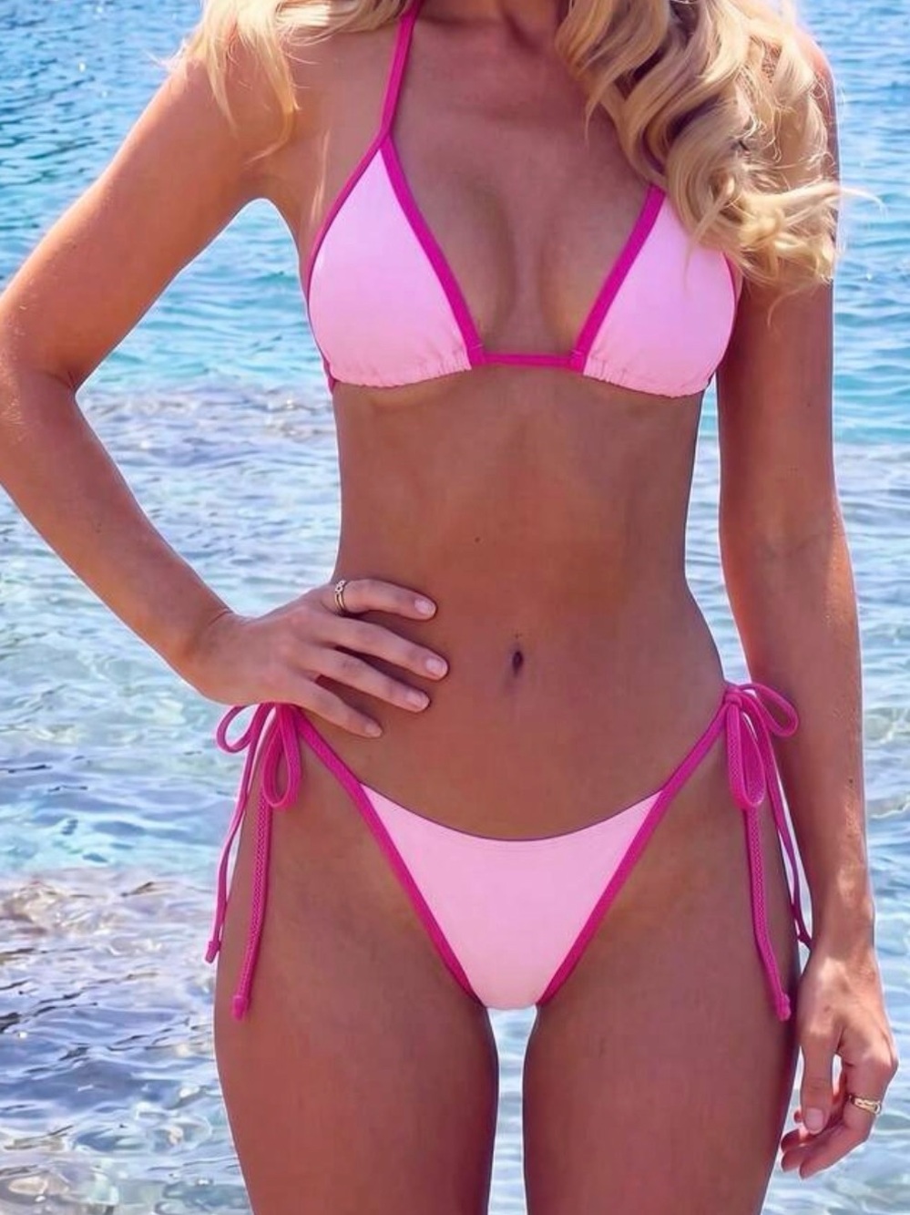 SHEIN Two-Tone Pink Tie-Side Triangle Bikini